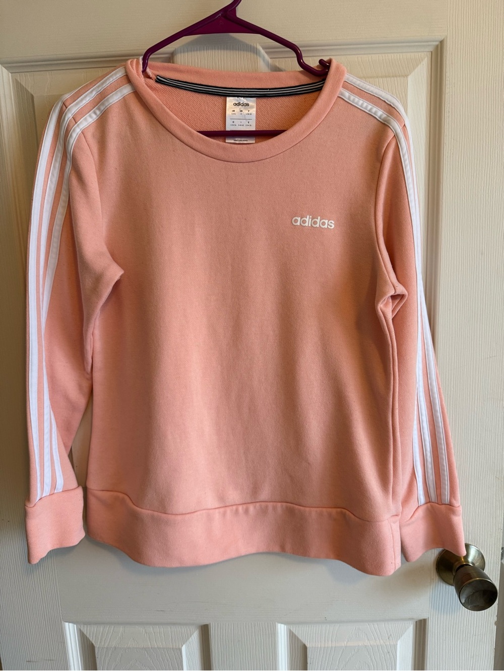 Adidas Women’s Peach Crewneck Sweatshirt with White Stripes Athletic Style Small